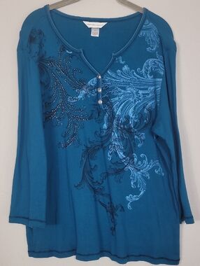 Christopher & Banks Y2K Artsy Thermal Top Size L Studded Grunge Blue Black Goth
